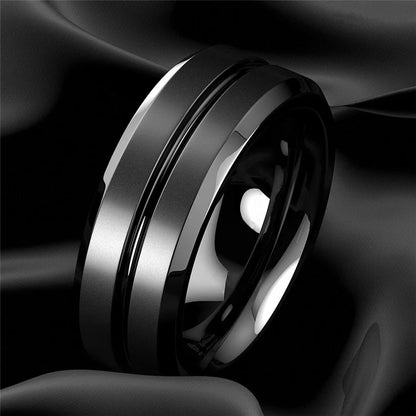 8mm Men Rings Jewelry Black Groove Matte Stainless Steel