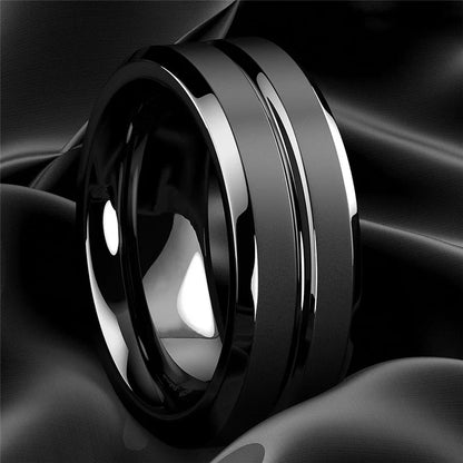 8mm Men Rings Jewelry Black Groove Matte Stainless Steel