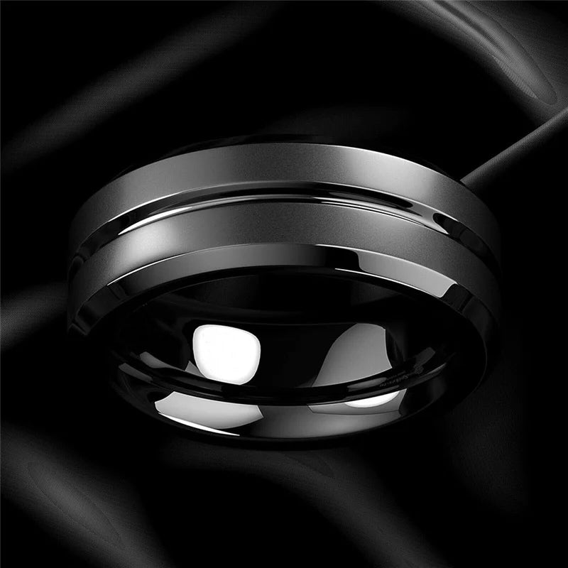 8mm Men Rings Jewelry Black Groove Matte Stainless Steel